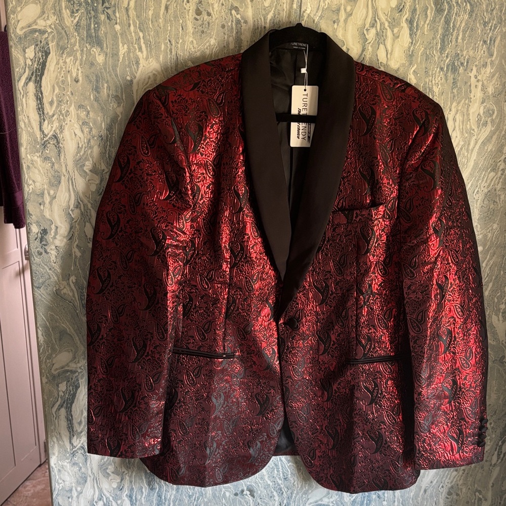 INC International Concepts Red & Black Paisley tuxedo style jacket shiny